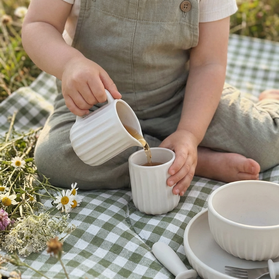 Child pouring juice from a white silicone pitcher into a cup on a checkered blanket outdoors.