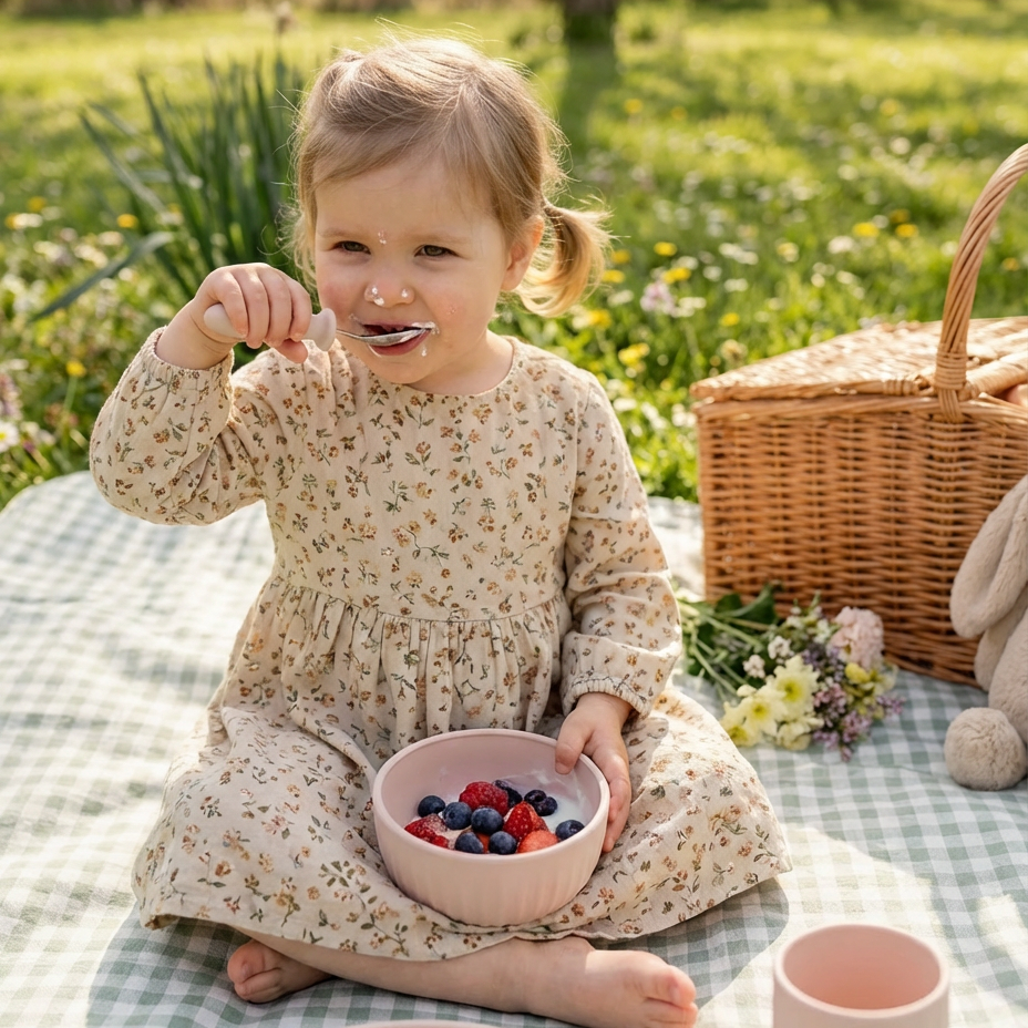 Child sitting on a picnic blanket with a bowl of fruit, surrounded by nature.