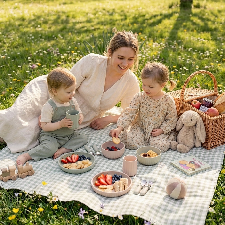 Woman and two children having a picnic in a grassy field