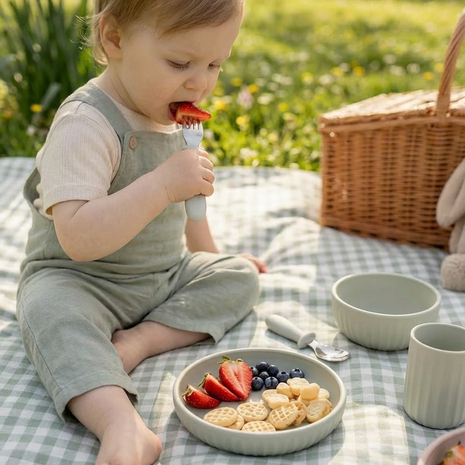 Child eating outdoors with a picnic setup on a checkered blanket