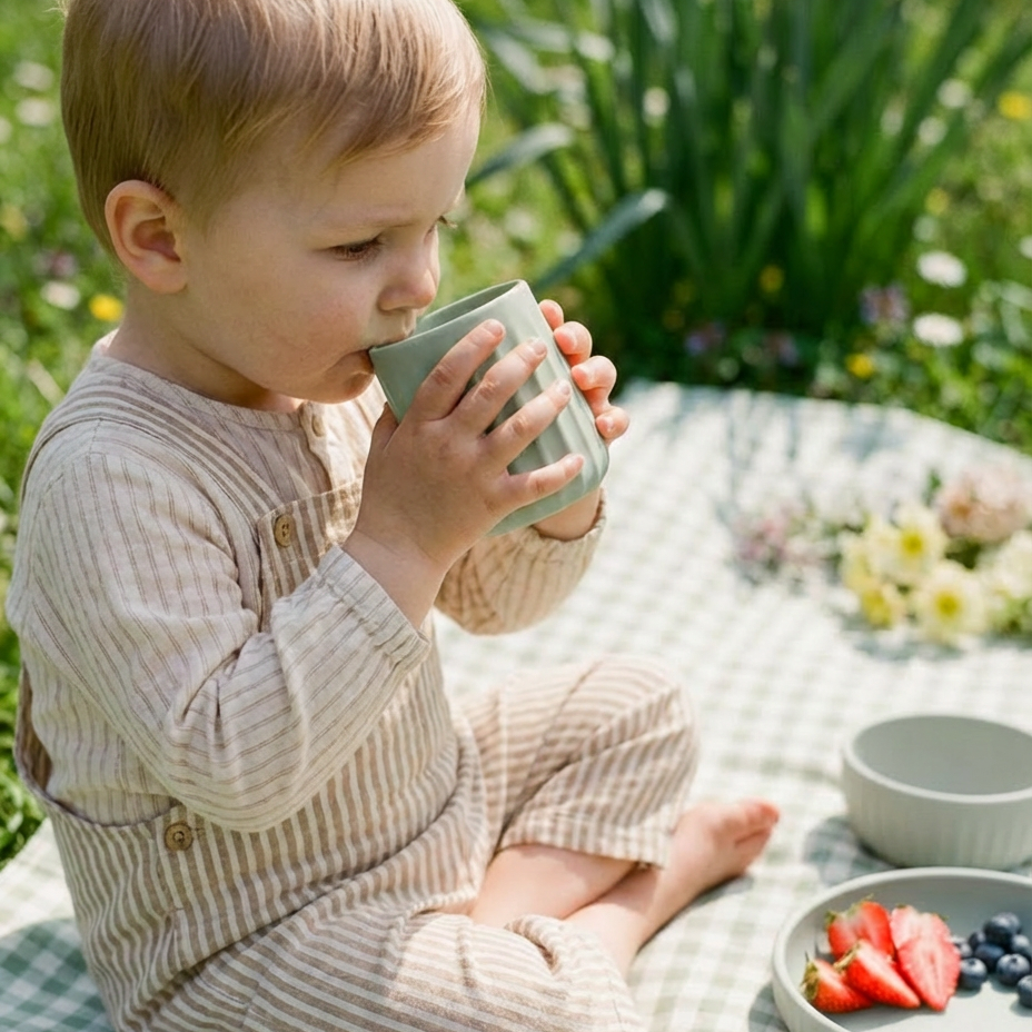 Child sitting on a picnic blanket outdoors, drinking from a cup.