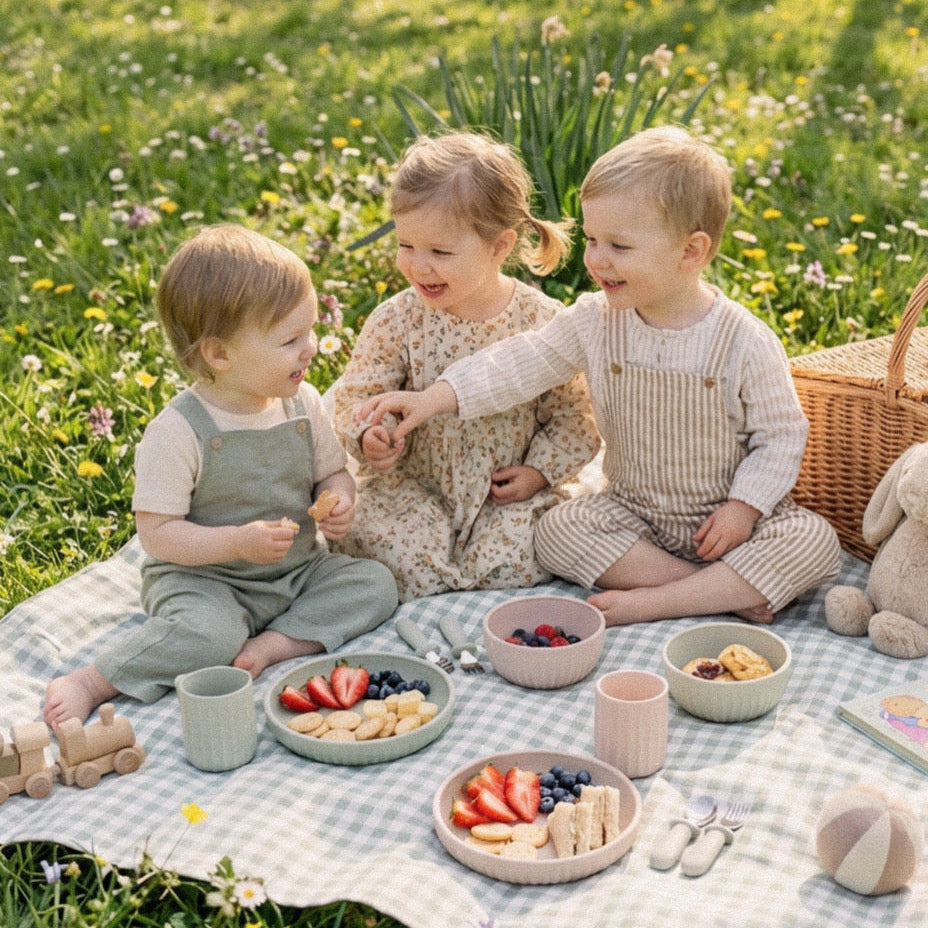 Three children sitting on a picnic blanket with food in a grassy field